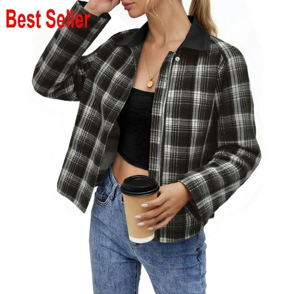 Plaid Cropped Jacket Y2K Chic Oversized Utility Coat Lightweight Flannel Zip